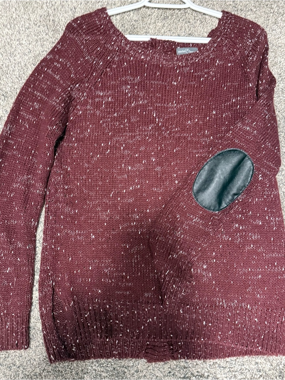 Market & Spruce Marled Burgundy Crewneck Sweater with Black Elbow Patch